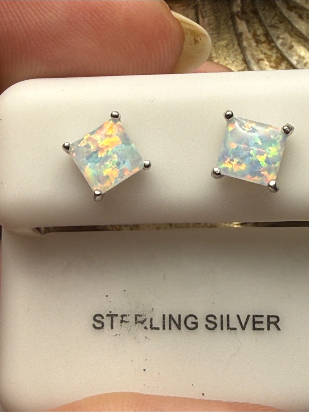 925 Sterling Silver Square White Opal Stud Earrings NEW BEAUTIFUL